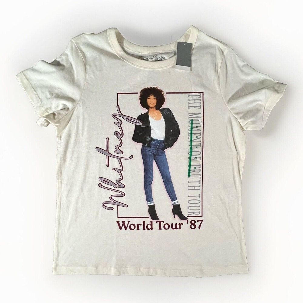 Whitney‎ Houston Graphic T-Shirt Womens Medium Cream 1987 World Tour Concert Tee